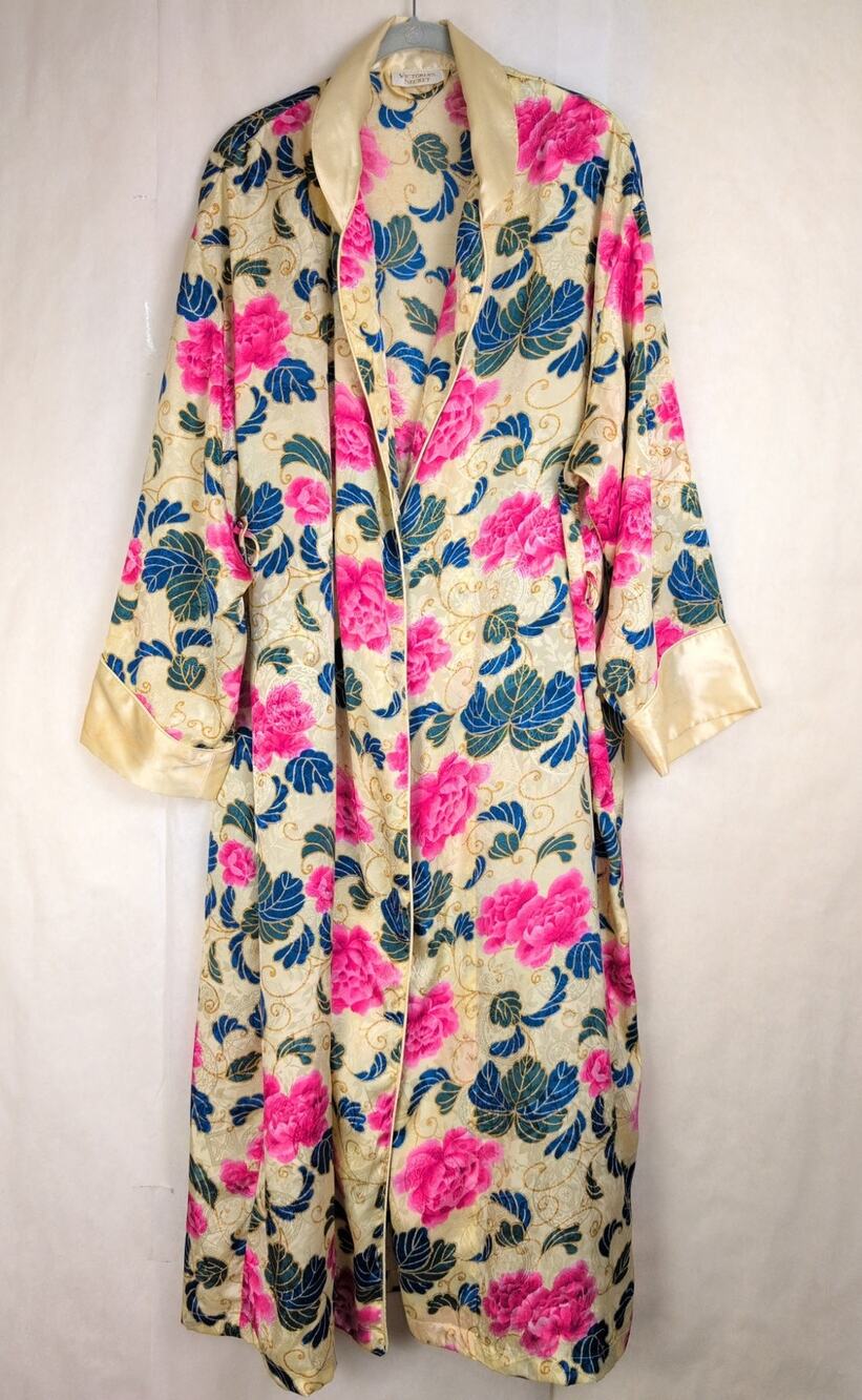 Vintage Victorias Secret gold label satin pink floral full length robe Size M/L